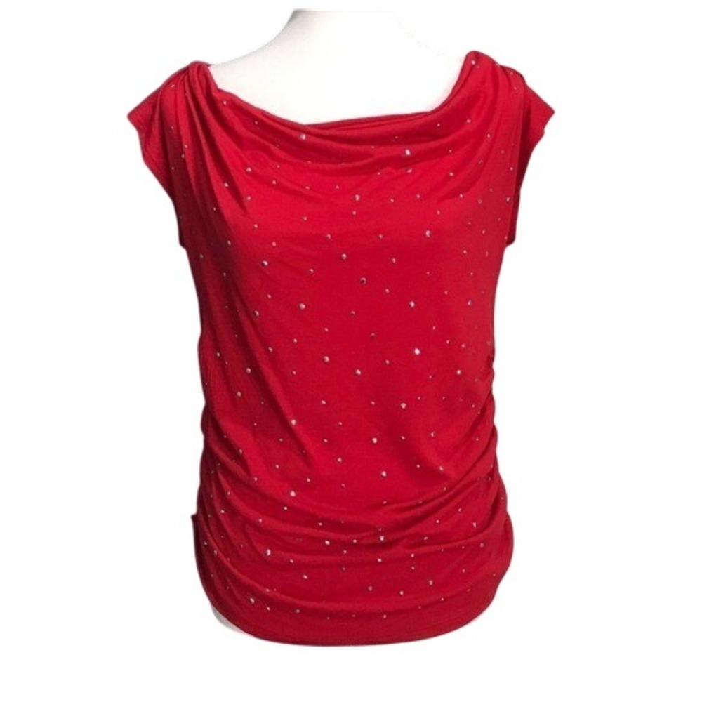 Red Cowl Neck Womens Size Medium Studded Ruched Top Cap Sleeve